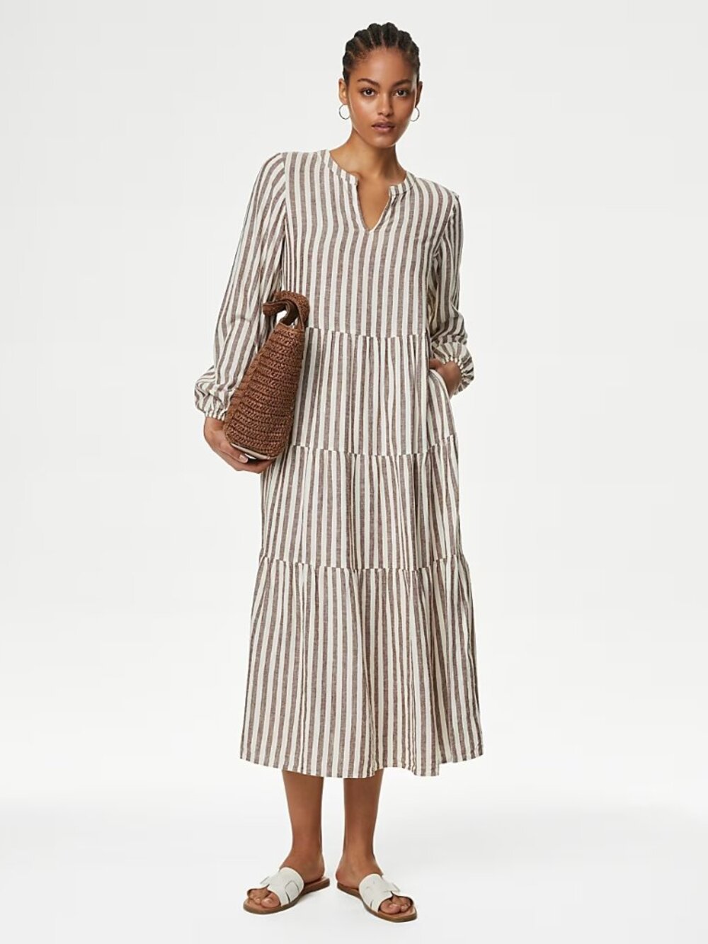 Marks & Spencer Linen Rich Striped V-Neck Midaxi Tiered Dress - Picture 2 of 8